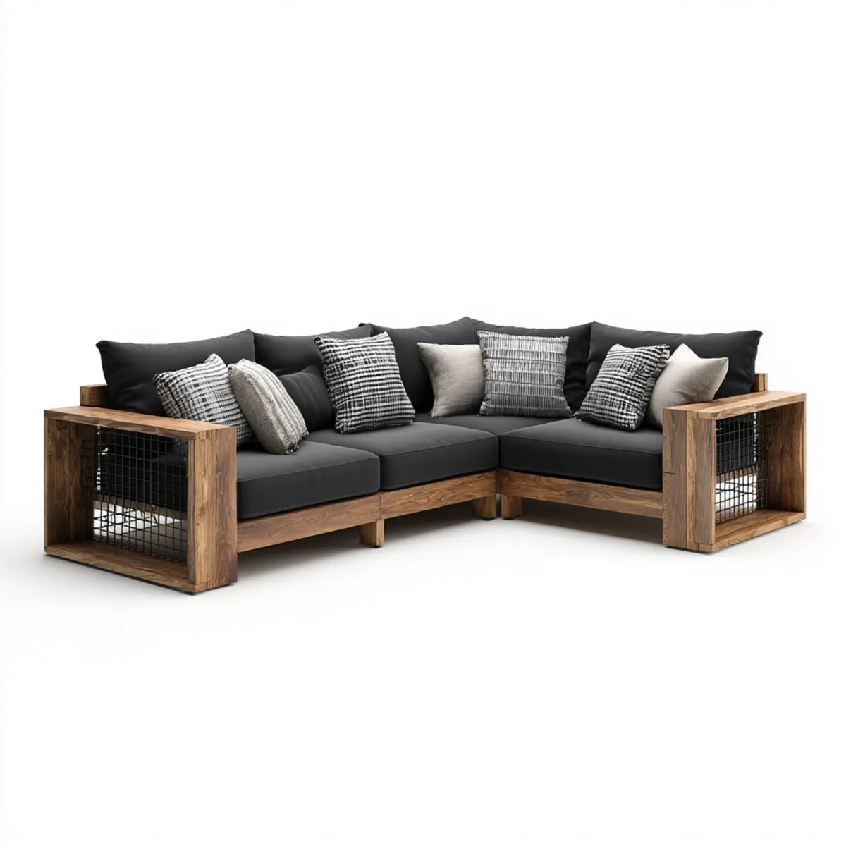 Sofa ogrodowa, Taras sofa narożny salon czarny brązowy 210 x 210 x 85 cm lite drewno poliester kształt litery L