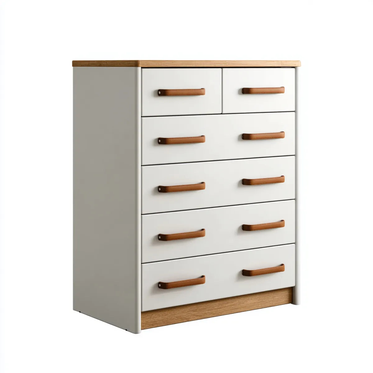Komoda, 6 szuflady białe i dębowe szuflady 100 x 45 x 120 cm w prostokątnych panelach MDF