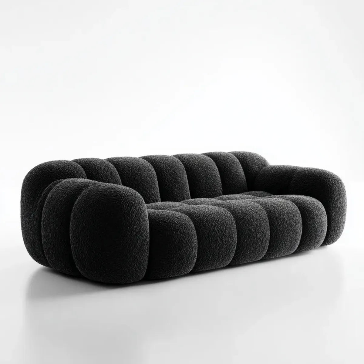 Sofa, 3- fotela czarny 230 x 100 x 72 cm z bookle poliester o zaokrąglonym kształcie