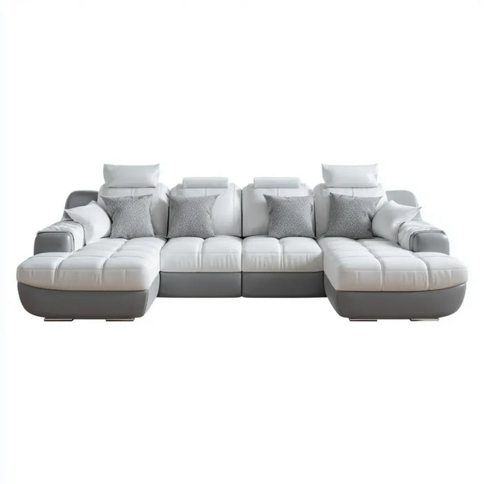 Sofa, Krajobraz mieszkalny U- kształt biały szary z ottomanem ze sztucznej skóry PU 330 x 170 x 95 cm