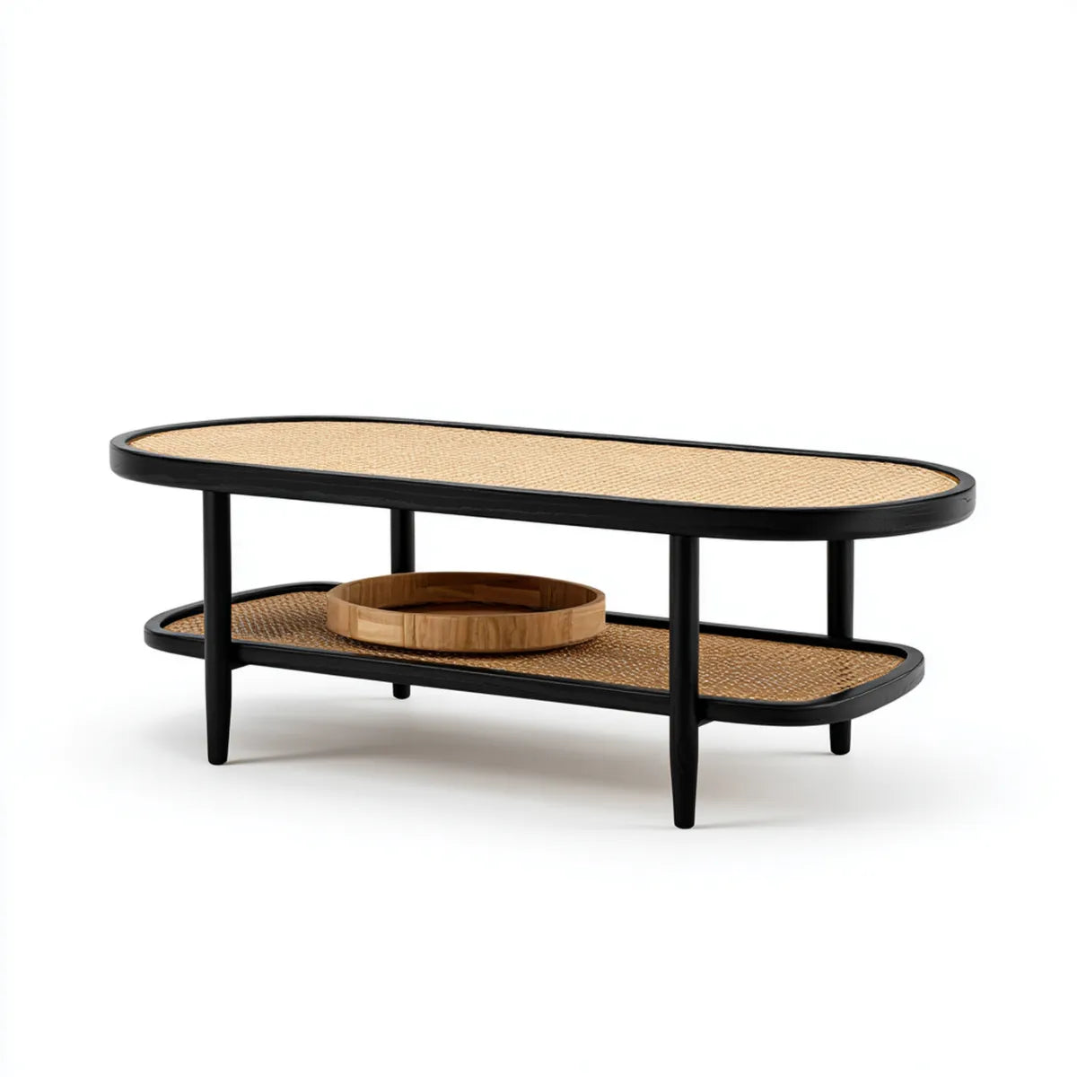 Stolik kawowy, Czarny i naturalny owalny stolik do kawy 120 x 60 x 45 cm w litym drewnie i rattanie